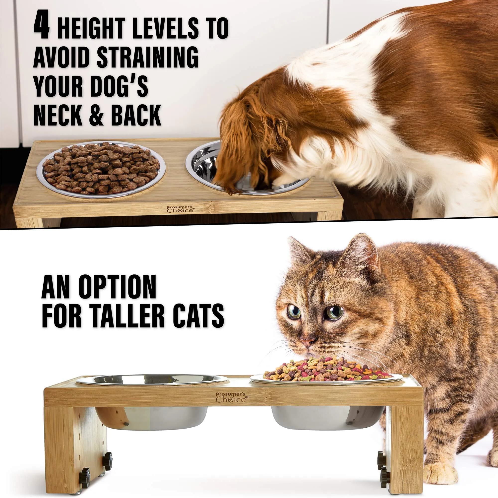 Prosumer's Choice Bamboo Adjustable Height Dog and Cat Bowls and Stand - 4.7 to 7.7 Inches