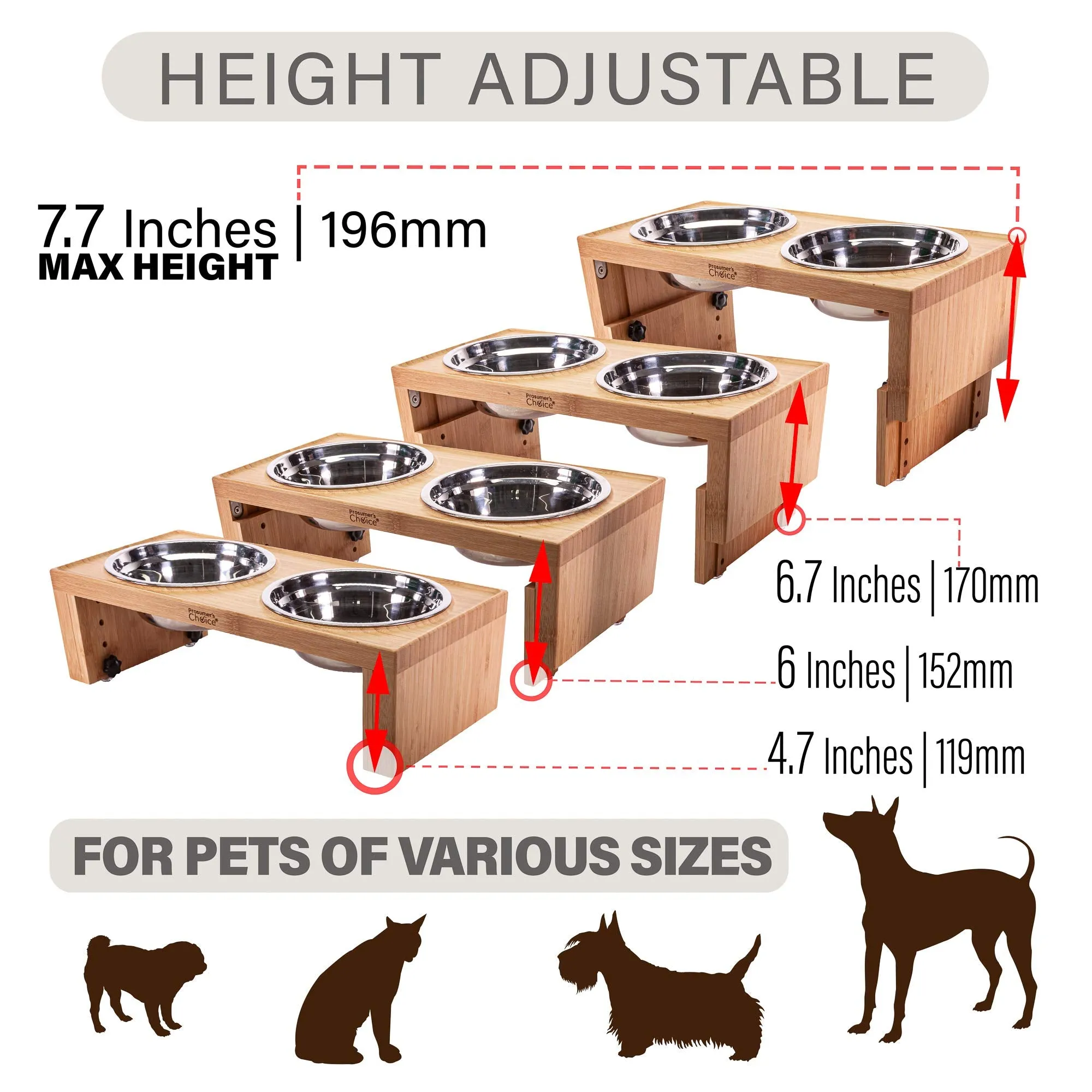 Prosumer's Choice Bamboo Adjustable Height Dog and Cat Bowls and Stand - 4.7 to 7.7 Inches