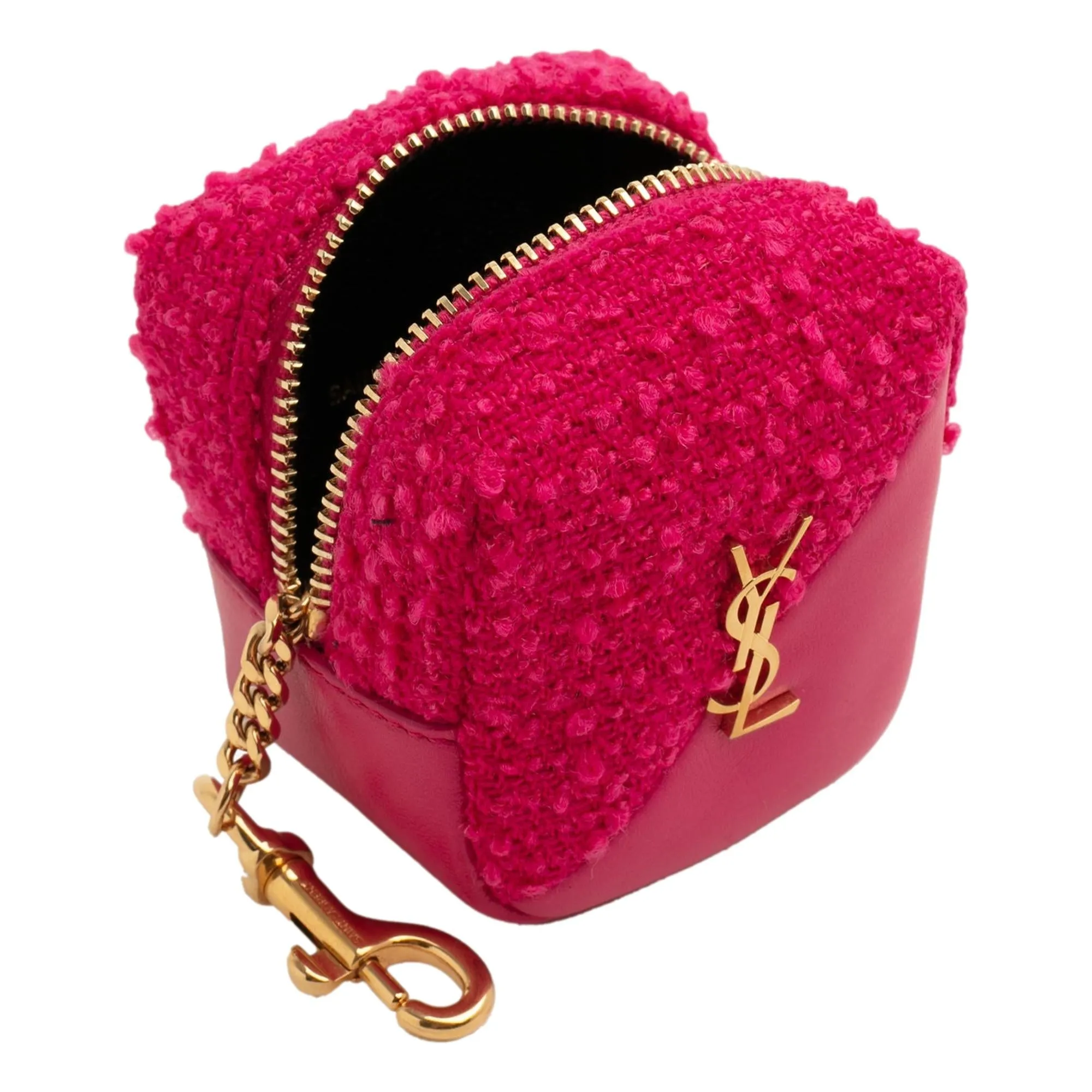 Saint Laurent Jamie YSL Keyring Cube Magenta Tweed Leather