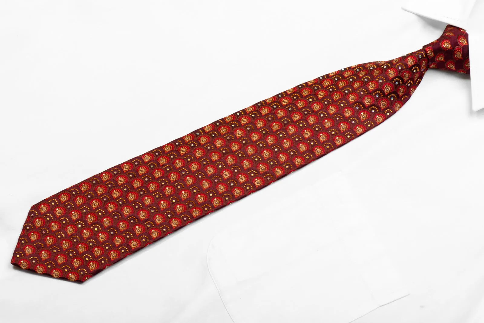 Silk Necktie Orange Geometric On Brown With Orange Studs