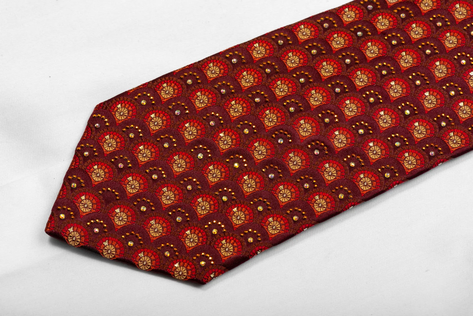 Silk Necktie Orange Geometric On Brown With Orange Studs