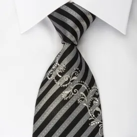 Silver Black Striped Rhinestone Silk Necktie With Silver Sparkles