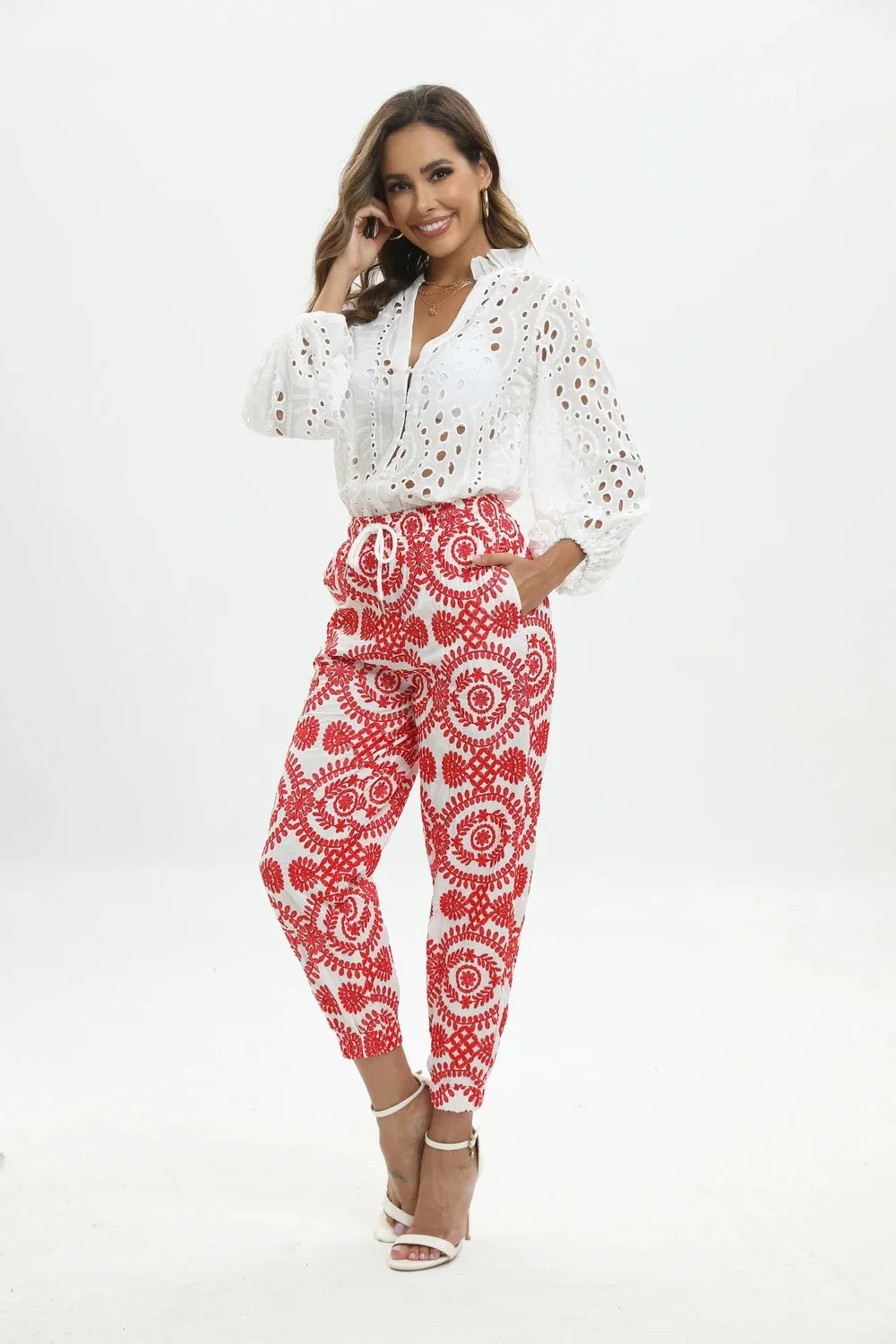 TEEK - Emma Embroidery Drawstring Ankle Length Pants