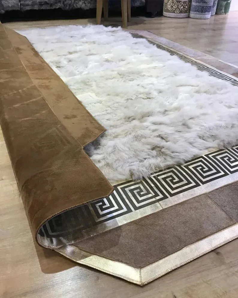 Unique Beige and Brown Natural Sheepskin Area Rug, Handmade Fluffy Rug