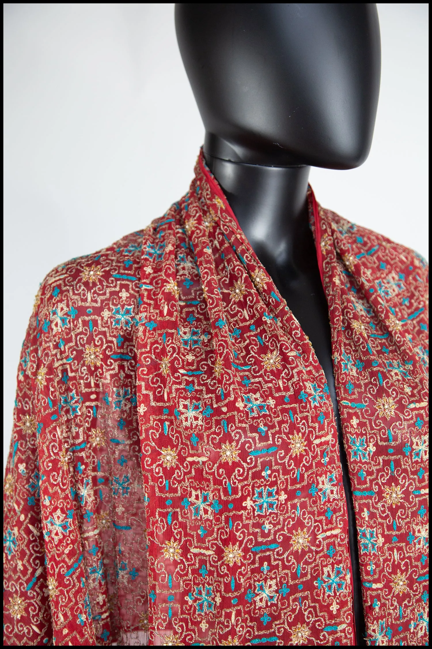 Vintage 1930s Red Gold Tambour Embroidered Silk Shawl Wrap