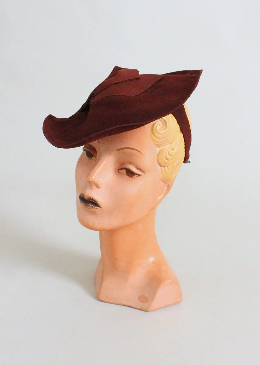 Vintage 1940s Brown Felt Pancake Tilt Hat