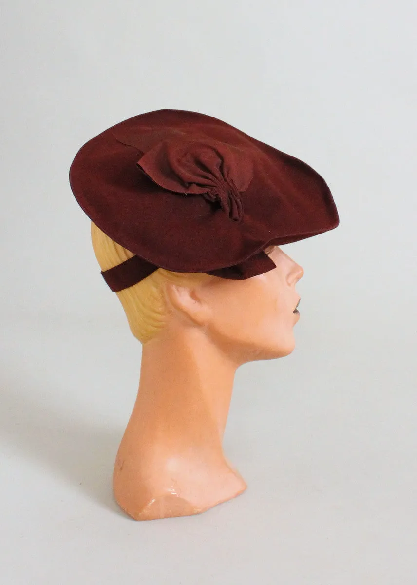 Vintage 1940s Brown Felt Pancake Tilt Hat