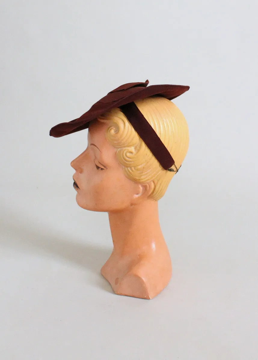 Vintage 1940s Brown Felt Pancake Tilt Hat