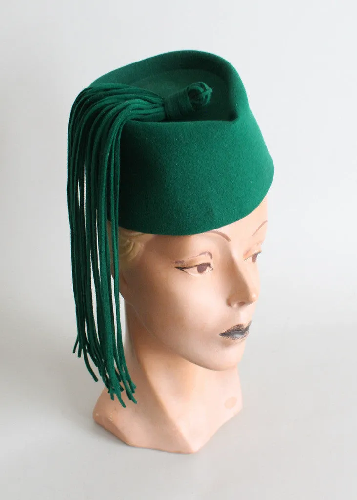 Vintage 1940s Green Felt Tassel Hat