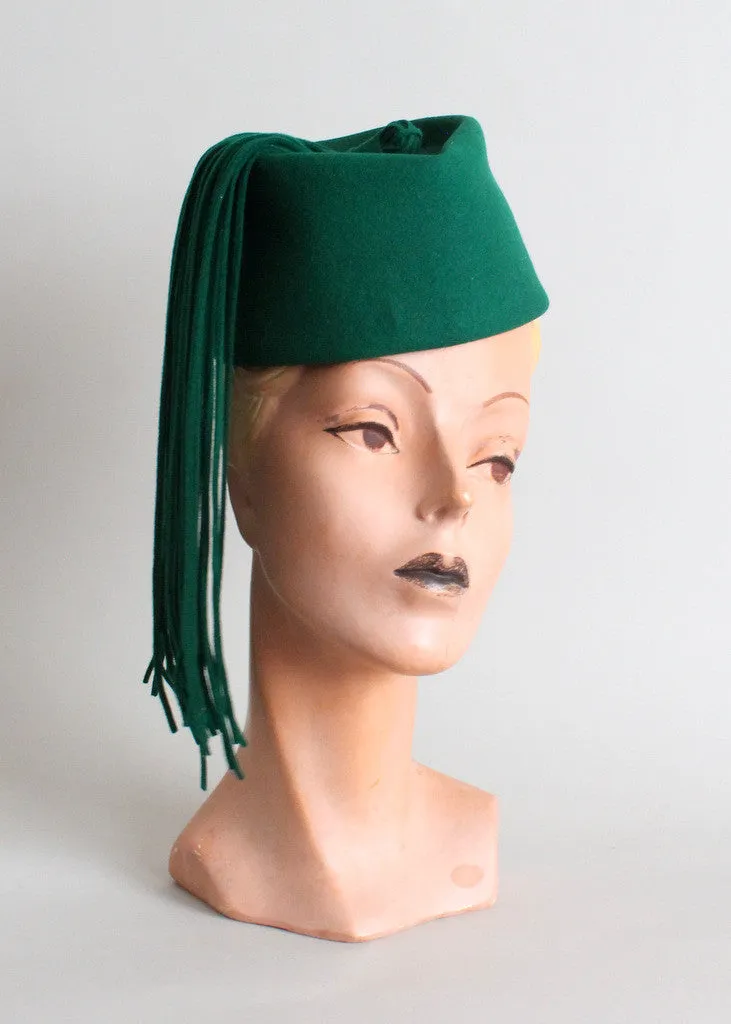 Vintage 1940s Green Felt Tassel Hat