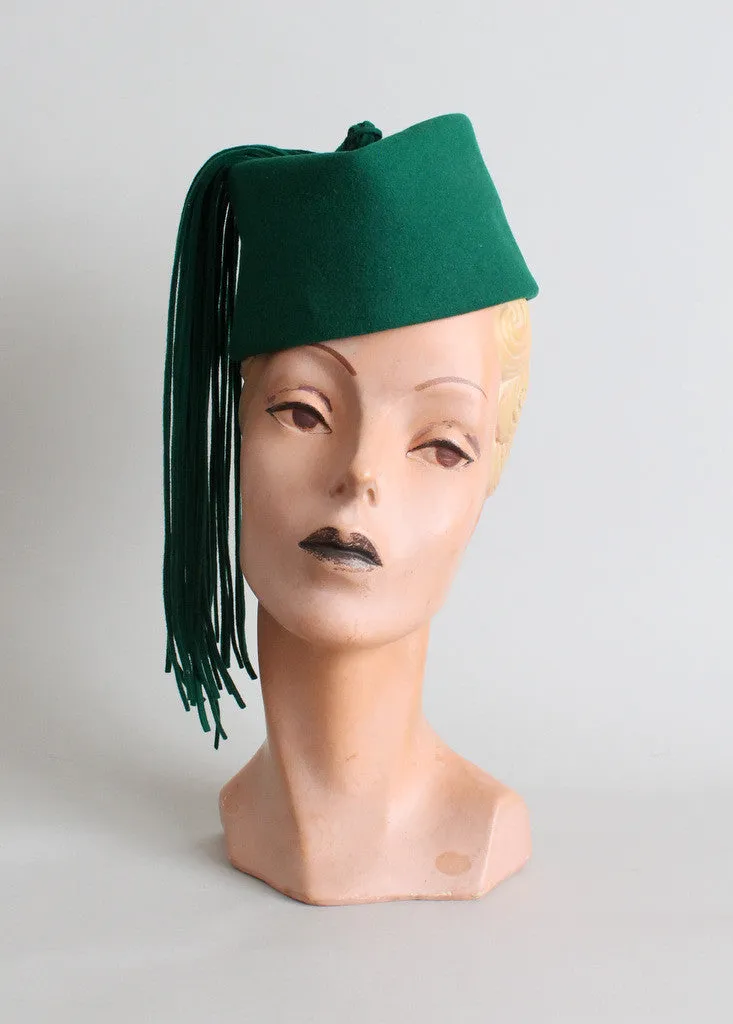 Vintage 1940s Green Felt Tassel Hat