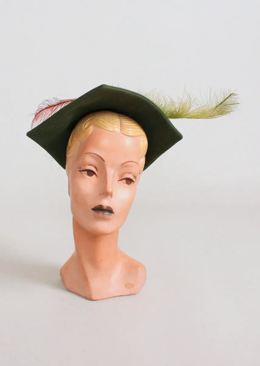 Vintage 1940s Janyth Roy Green Squared Hat