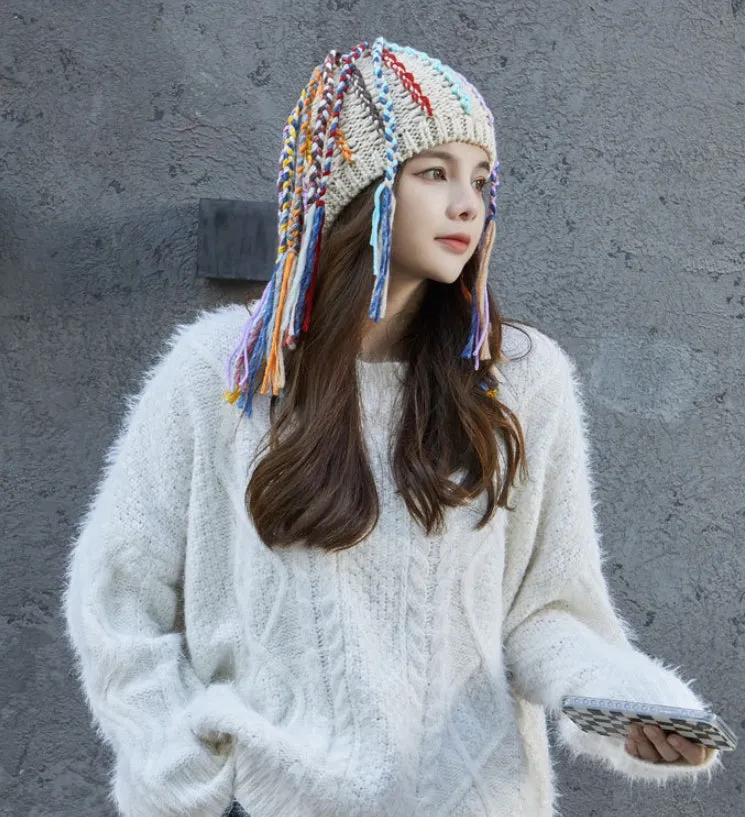 Womens Beanie Hat with Tassels - Bohemian Style Skull Cap YZ50235