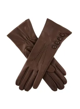 Women's Three-Point Silk-Lined Leather Gloves with Buttons